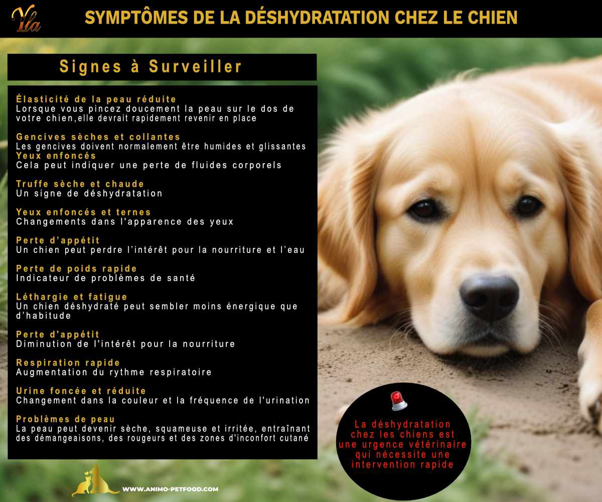 Symptômes de la Déshydratation chez le Chien : Signes à Surveiller. Élasticié réduite de la peau, gencives sèches, yeux enfoncés, truffe sèche, perte d'appétit, perte de poids, léthargie, respiration rapide, urine foncée, problèmes de peau. La déshydratation est une urgence vétérinaire.